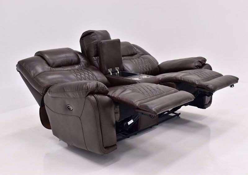 Brown Bentley Power Reclining Loveseat by Zoy at an Angle in a Fully Reclined Position | Home Furniture Plus Bedding
