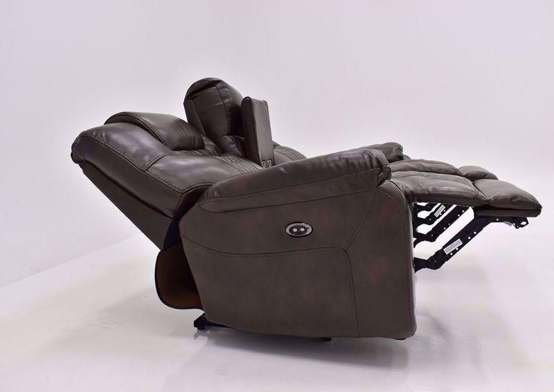 Brown Bentley Power Reclining Loveseat by Zoy Showing the Side View in a Fully Reclined Position | Home Furniture Plus Bedding