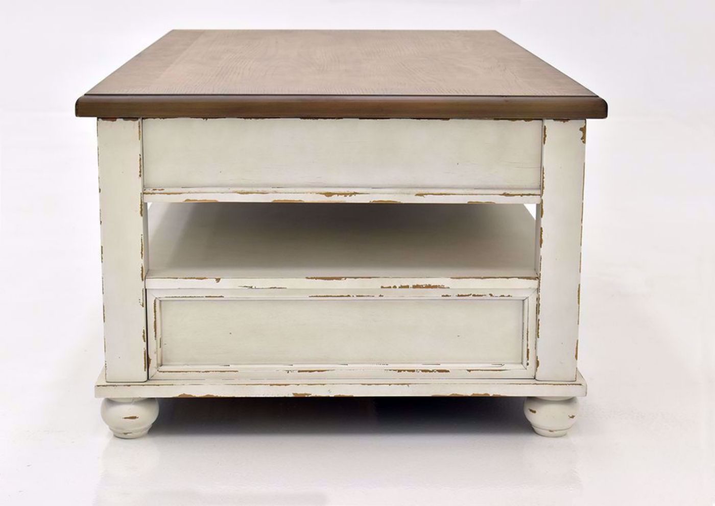 Distressed White Realyn Lift Top Coffee Table by Ashley Furniture Showing the Side View | Home Furniture Plus Mattress