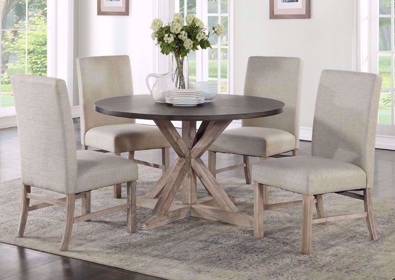 Two-Tone Brown Jefferson Round Table Set by Standard Showing a Room Setting | Home Furniture Plus Bedding