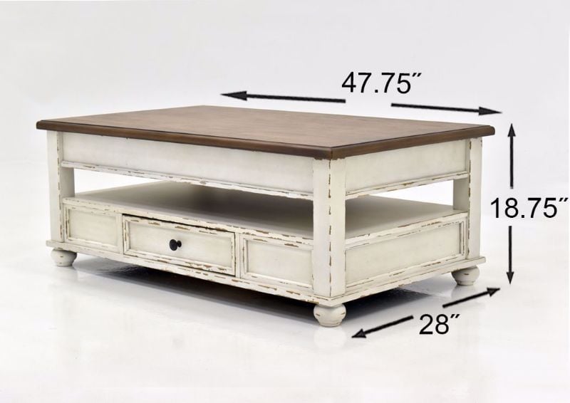 Distressed White Realyn Lift Top Coffee Table by Ashley Furniture Showing the Dimensions | Home Furniture Plus Mattress