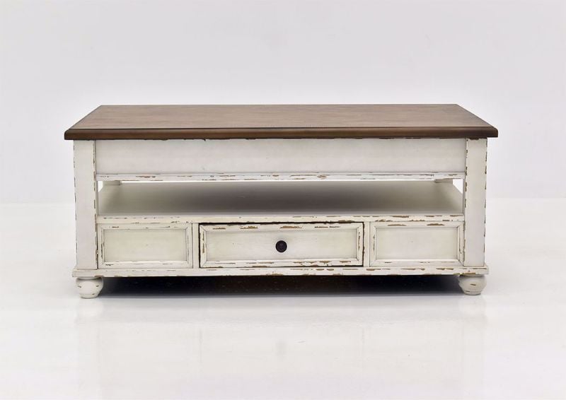 Distressed White Realyn Lift Top Coffee Table by Ashley Furniture Facing Front in the Closed Position | Home Furniture Plus Mattress