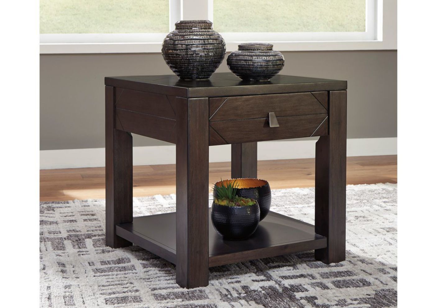 Dark Espresso Brown Tariland End Table by Ashley Furniture Showing a Room Setting | Home Furniture Plus Bedding