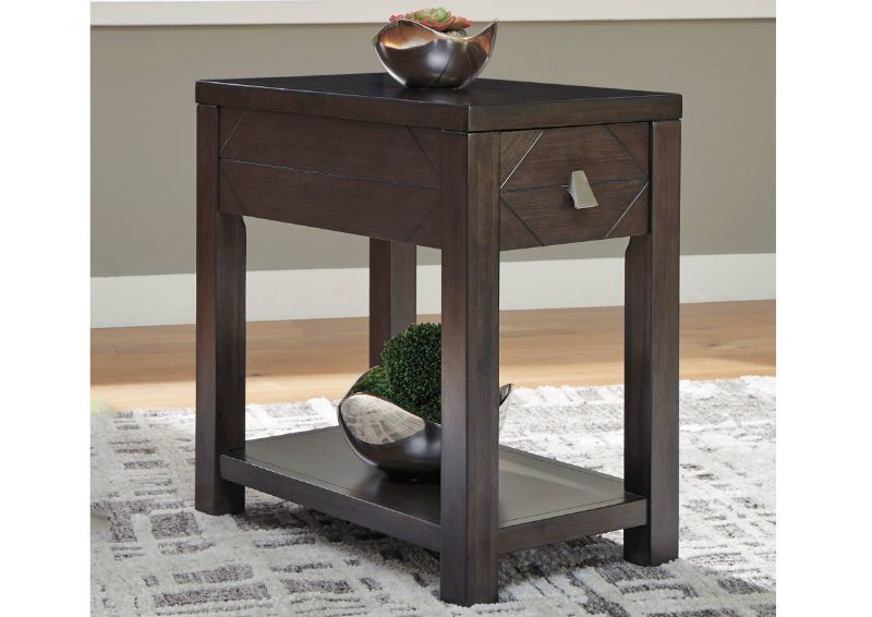 Dark Espresso Brown Tariland Chairside Table by Ashley Furniture Showing the Room Setting | Home Furniture Plus Bedding