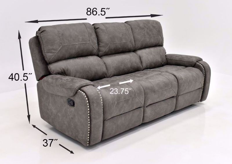 Warm Gray Clayton Reclining Sofa by Standard Showing the Dimensions | Home Furniture Plus Mattress