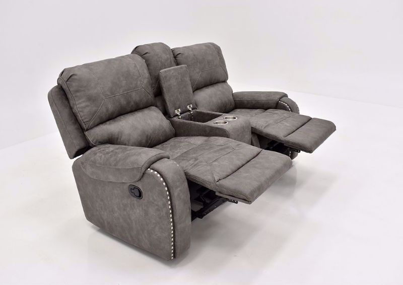 Warm Gray Clayton Reclining Loveseat by Standard at an Angle in a Fully Reclined Position | Home Furniture Plus Mattress
