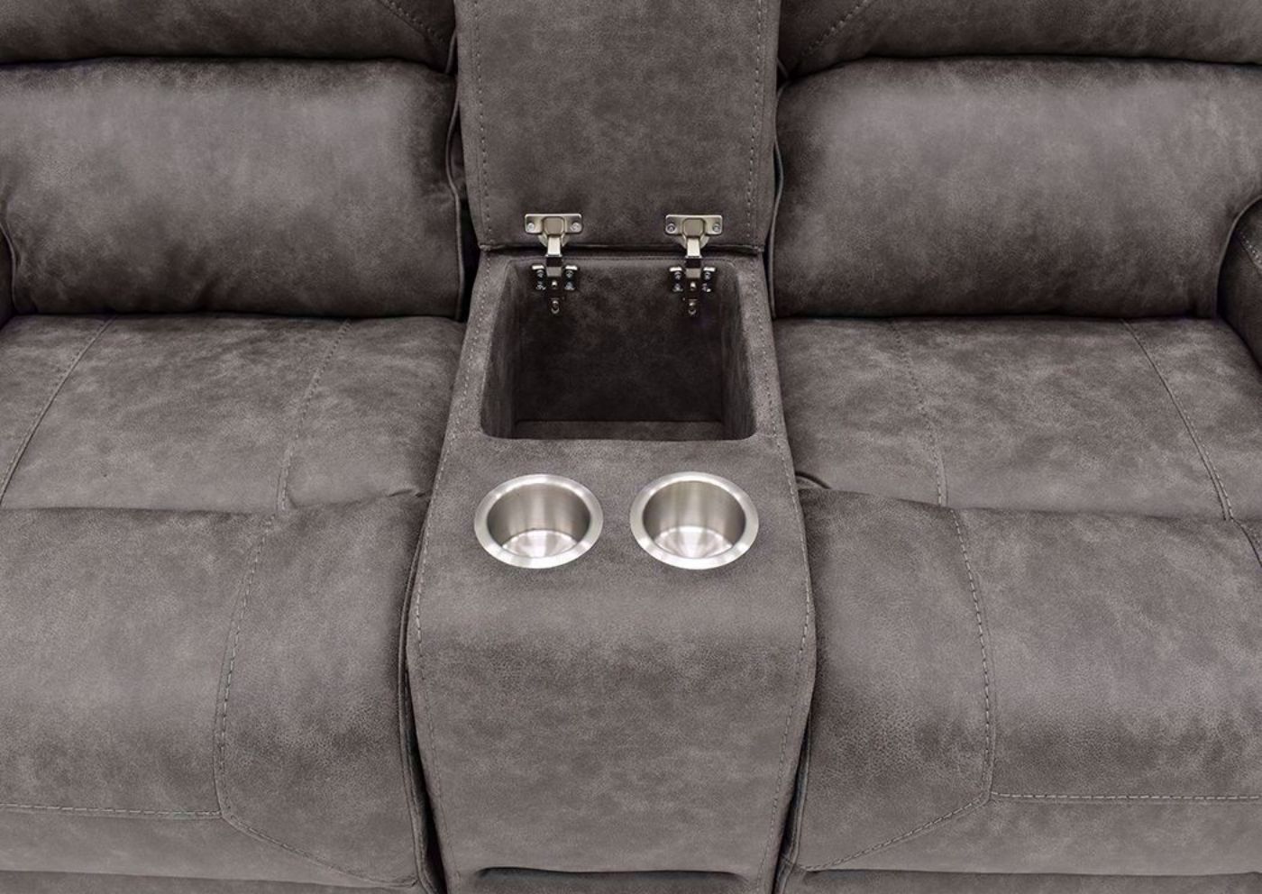 Warm Gray Clayton Reclining Loveseat by Standard Showing the Storage Console and Cupholders | Home Furniture Plus Mattress