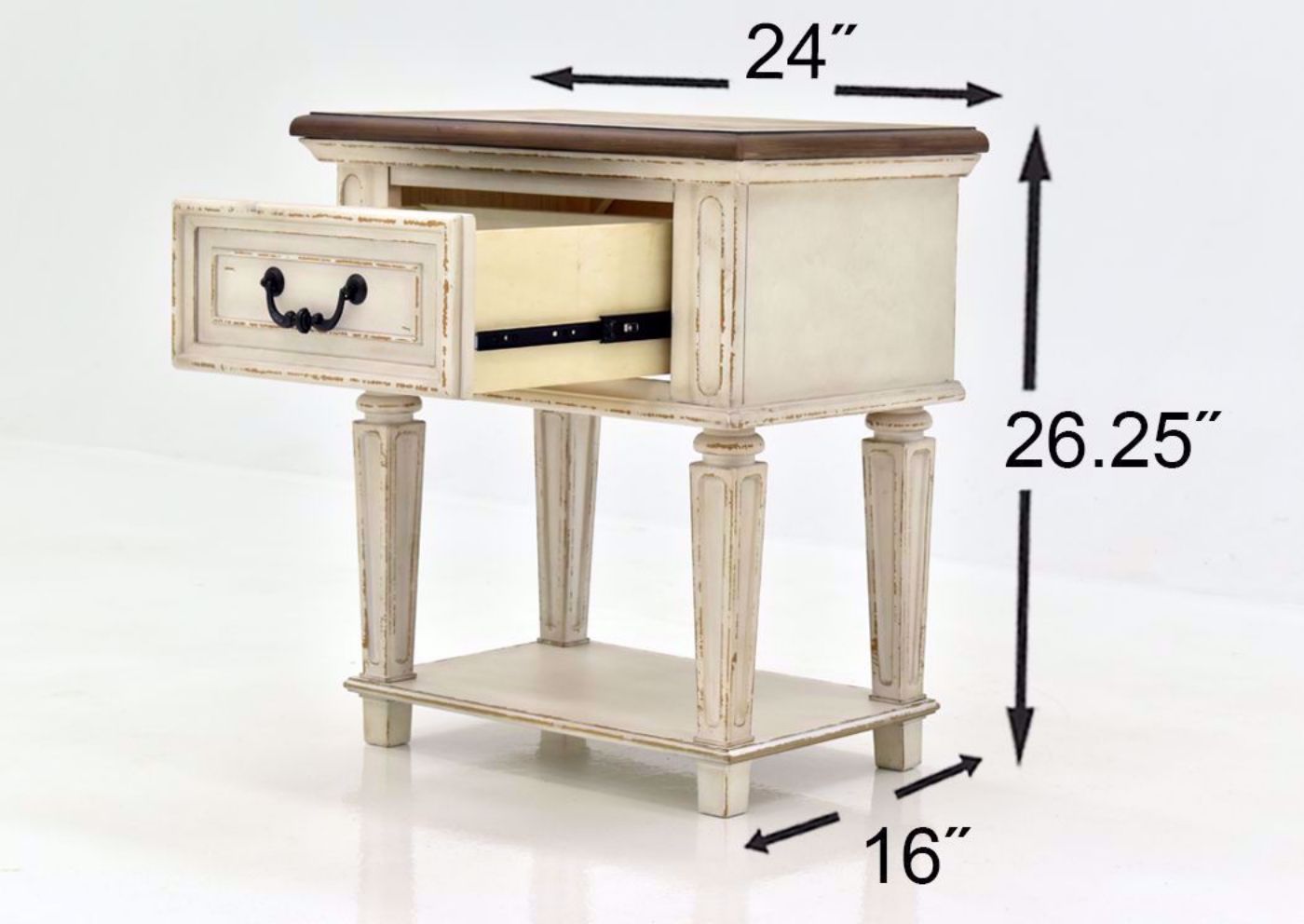 Antique White Realyn Nightstand by Ashley Furniture Showing the Dimensions | Home Furniture Plus Mattress