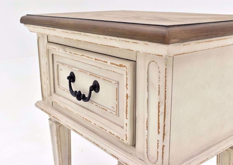 Antique White Realyn Nightstand by Ashley Furniture Showing the Drawer Front Detail | Home Furniture Plus Mattress