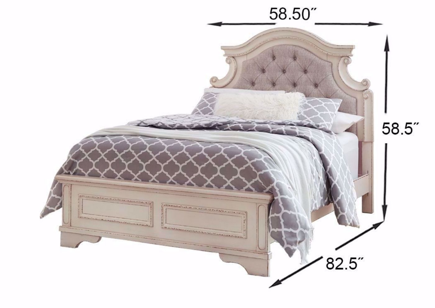 Antique White Realyn Upholstered Full Bed by Ashley Furniture Showing the Dimensions | Home Furniture Plus Mattress