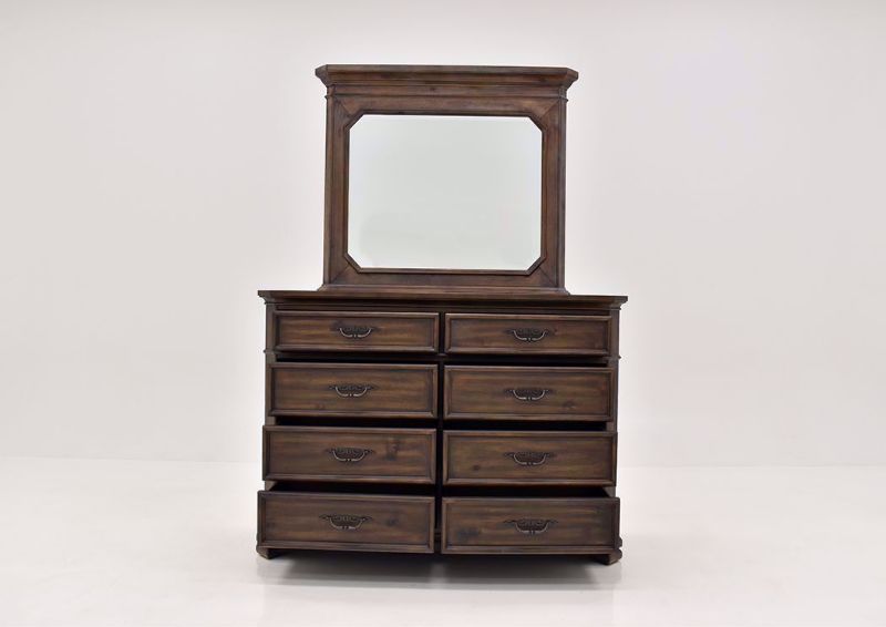Hickory Brown Casa Grande Dresser with Mirror by Lane Furnishings Facing Front with the Drawers Open | Home Furniture Plus Mattress