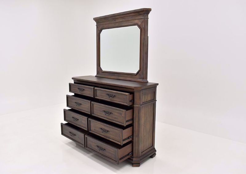 Hickory Brown Casa Grande Dresser with Mirror by Lane Furnishings at an Angle with the Drawers Open | Home Furniture Plus Mattress