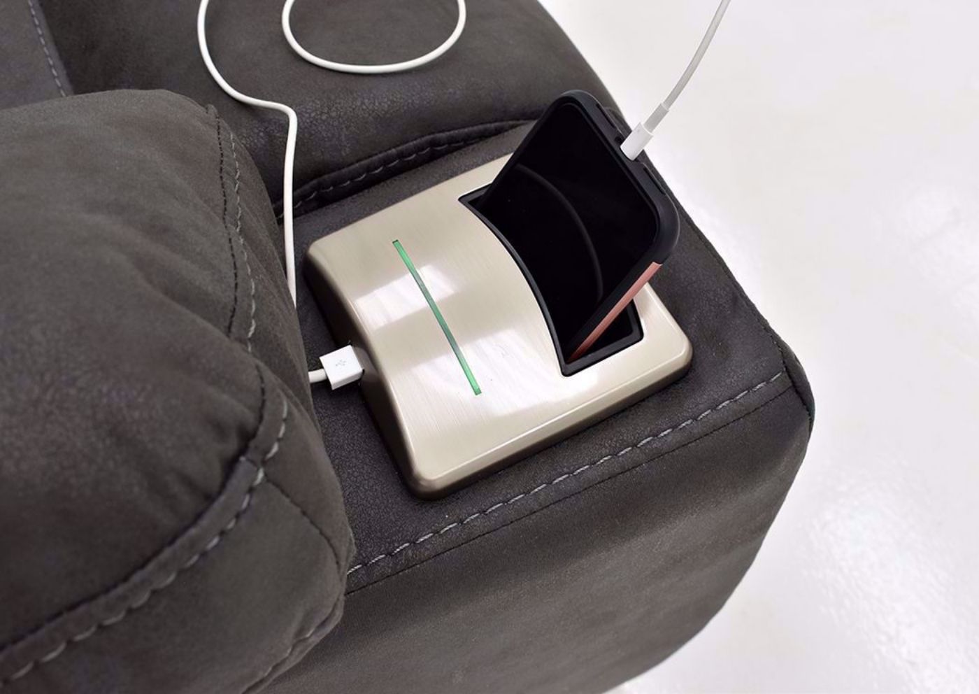 Cranden Rocker Recliner - Dark Gray by Franklin USB port and Qi Wireless Charging Station | Home Furniture Plus Mattress