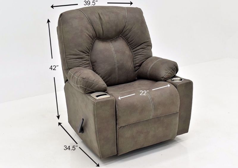 Cranden Rocker Recliner - Brown by Franklin at an Angle with Dimensions | Home Furniture Plus Mattress