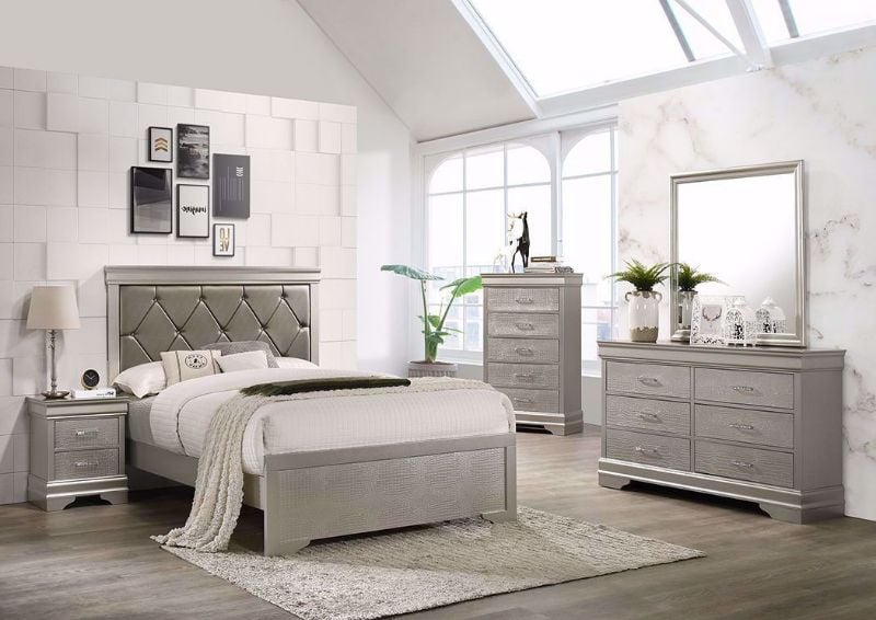 Silver Metallic Amalia Bedroom Set by Crown Mark Showing a Room Setting | Home Furniture Plus Mattress