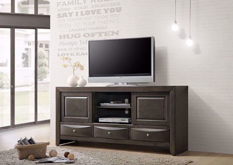 Gray Emily TV Stand by Crown Mark Showing a Room Setting | Home Furniture Plus Bedding