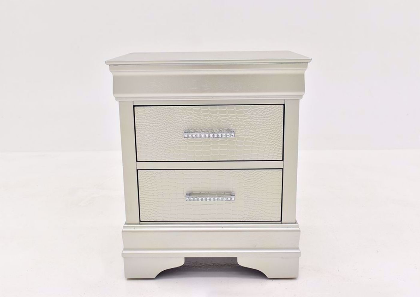 Silver Metallic Amalia Nightstand by Crown Mark Facing Front | Home Furniture Plus Mattress