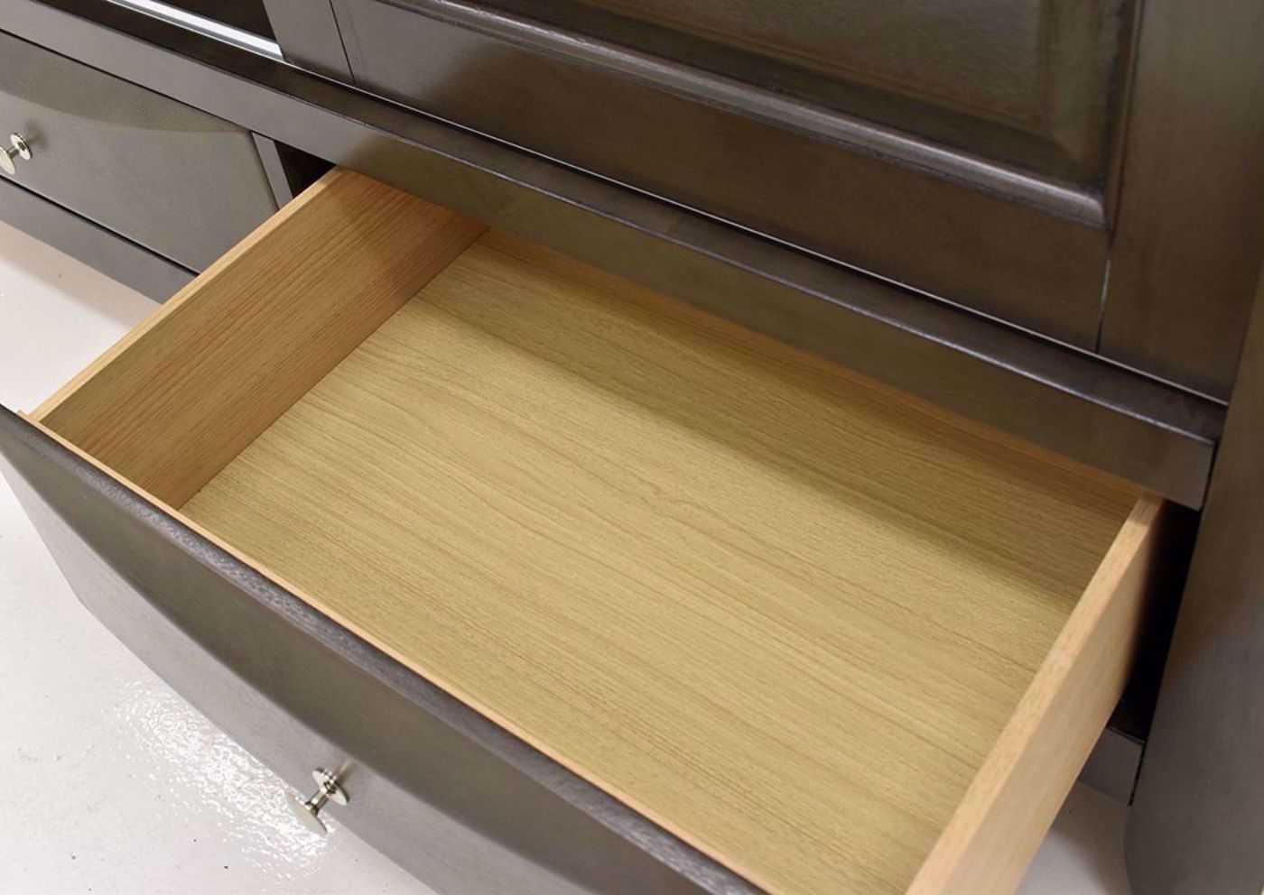 Gray Emily TV Stand by Crown Mark Showing the Drawer Interior | Home Furniture Plus Bedding