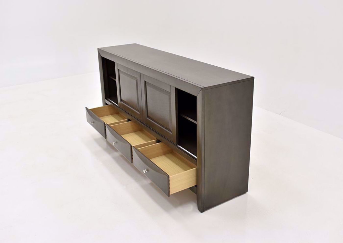 Gray Emily TV Stand by Crown Mark Showing the Angle View with the Drawers Open | Home Furniture Plus Bedding