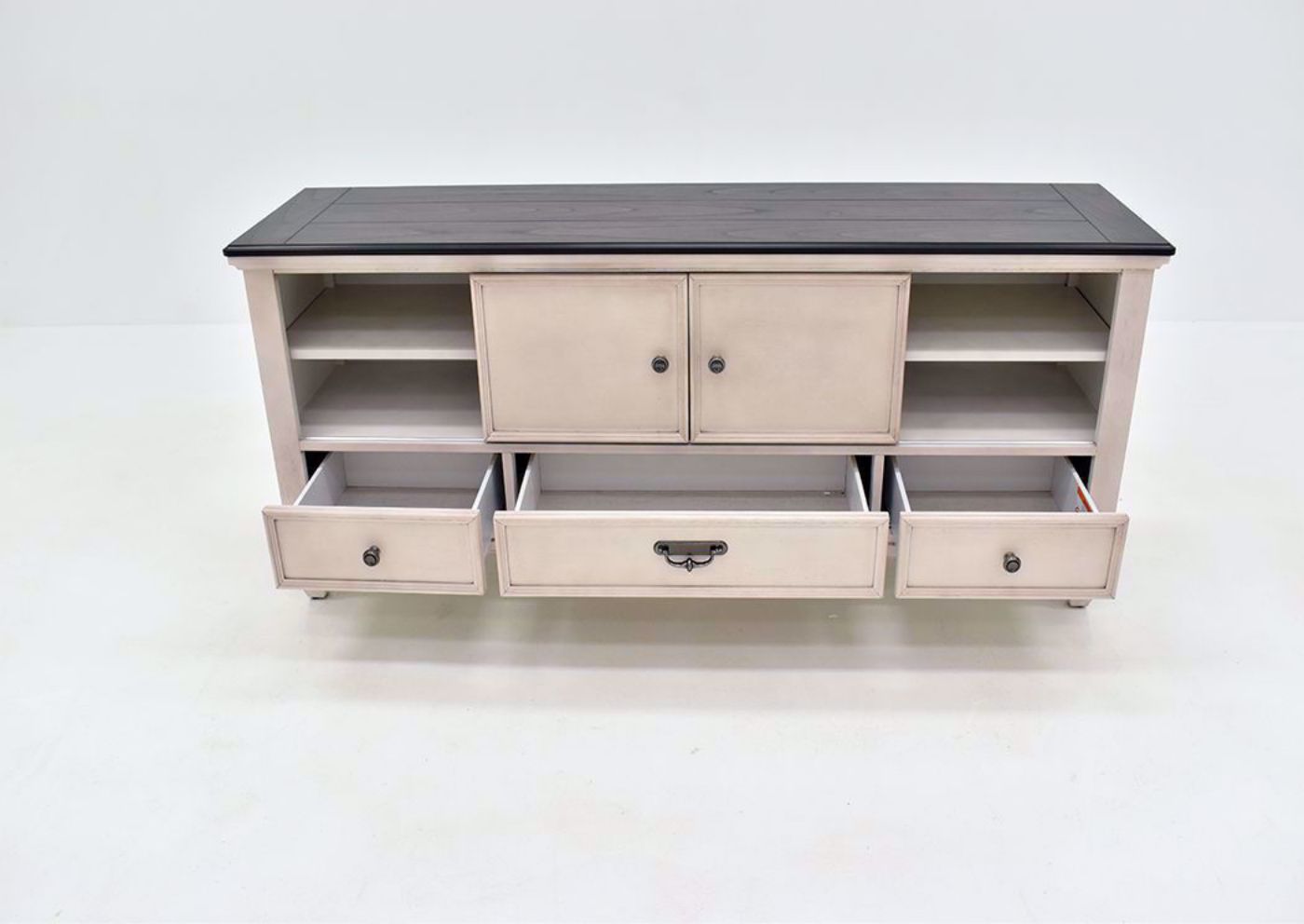 Rustic White Sawyer TV Stand by Crown Mark Facing Front with the Drawers Open | Home Furniture Plus Bedding