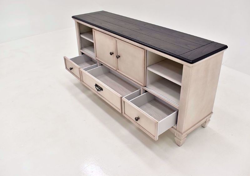 Rustic White Sawyer TV Stand by Crown Mark at an Angle with the Drawers Open | Home Furniture Plus Bedding