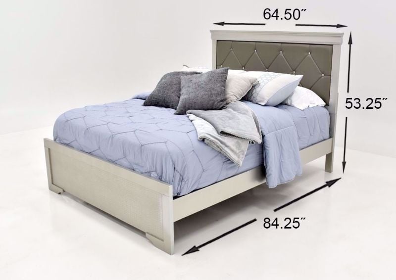 Silver Metallic Amalia Queen Size Upholstered Bed by Crown Mark Showing the Dimensions | Home Furniture Plus Mattress