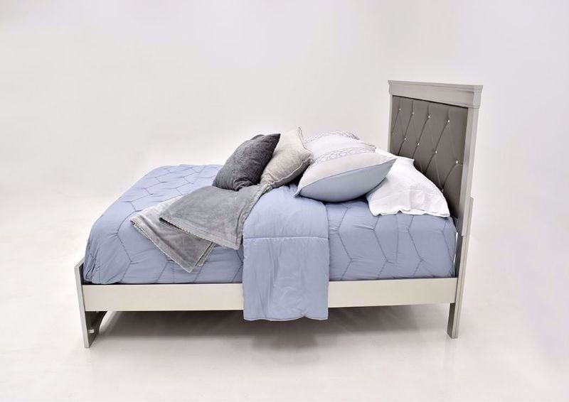 Silver Metallic Amalia Queen Size Upholstered Bed by Crown Mark Showing the Side View | Home Furniture Plus Mattress