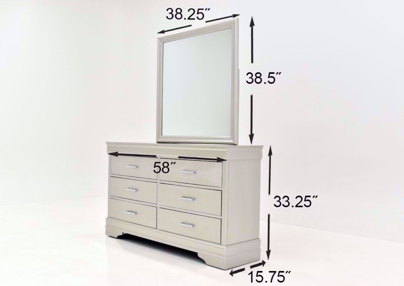 Silver Metallic Amalia Dresser with Mirror by Crown Mark Showing the Dimensions | Home Furniture Plus Mattress