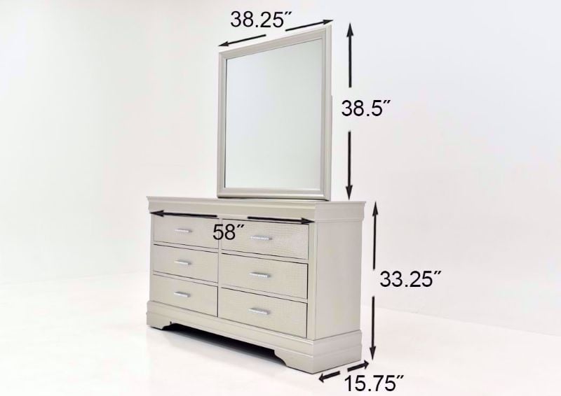 Silver Metallic Amalia Dresser with Mirror by Crown Mark Showing the Dimensions | Home Furniture Plus Mattress