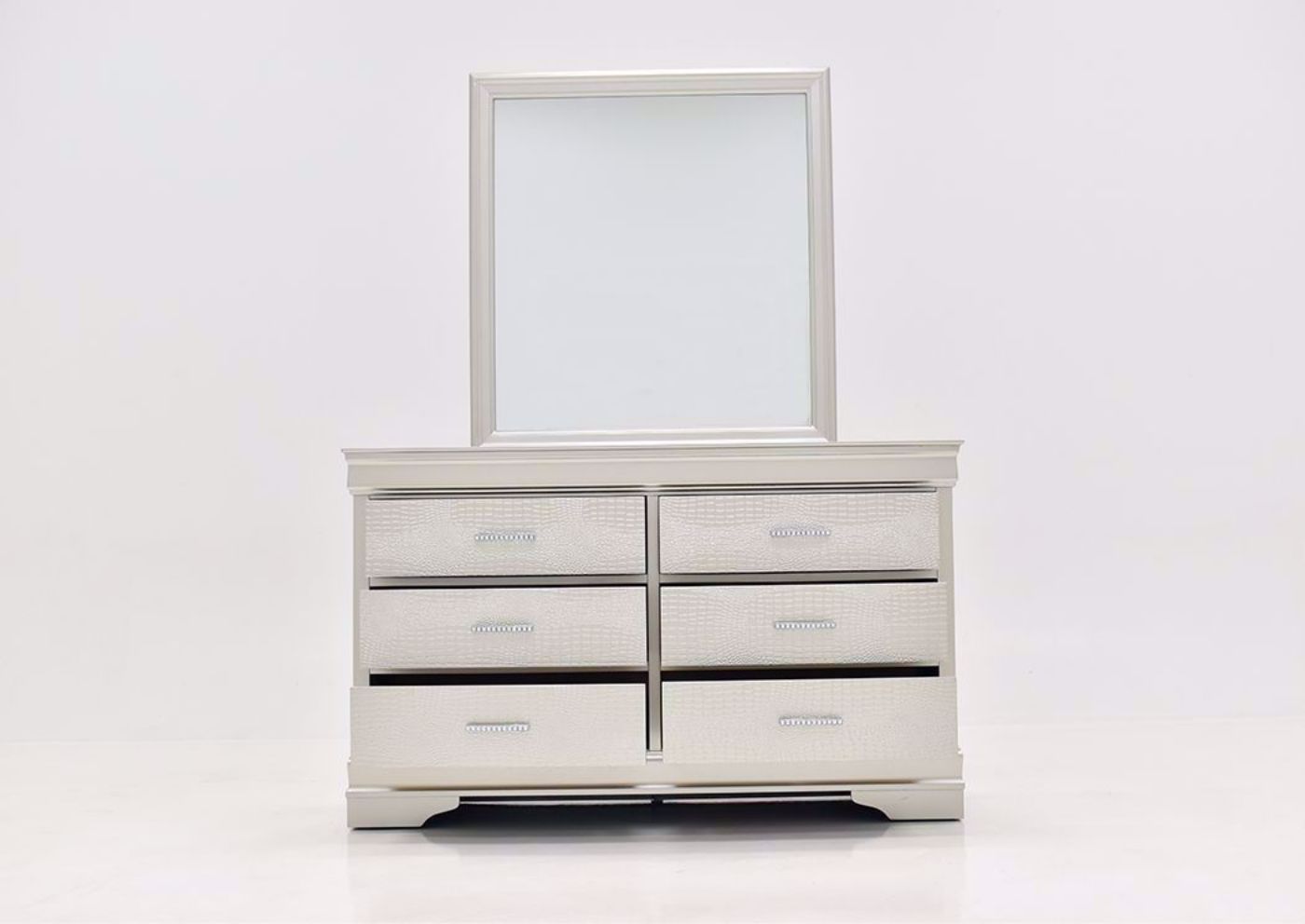 Silver Metallic Amalia Dresser with Mirror by Crown Mark Facing Front With the Drawers Open | Home Furniture Plus Mattress