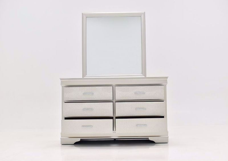 Silver Metallic Amalia Dresser with Mirror by Crown Mark Facing Front With the Drawers Open | Home Furniture Plus Mattress