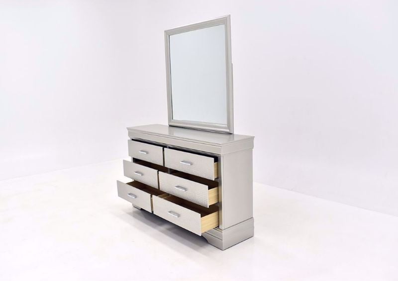 Silver Metallic Amalia Dresser with Mirror by Crown Mark at an Angle With the Drawers Open | Home Furniture Plus Mattress