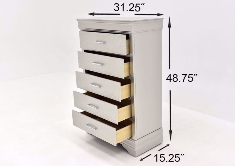 Silver Metallic Amalia Chest of Drawers by Crown Mark Showing the Dimensions | Home Furniture Plus Mattress