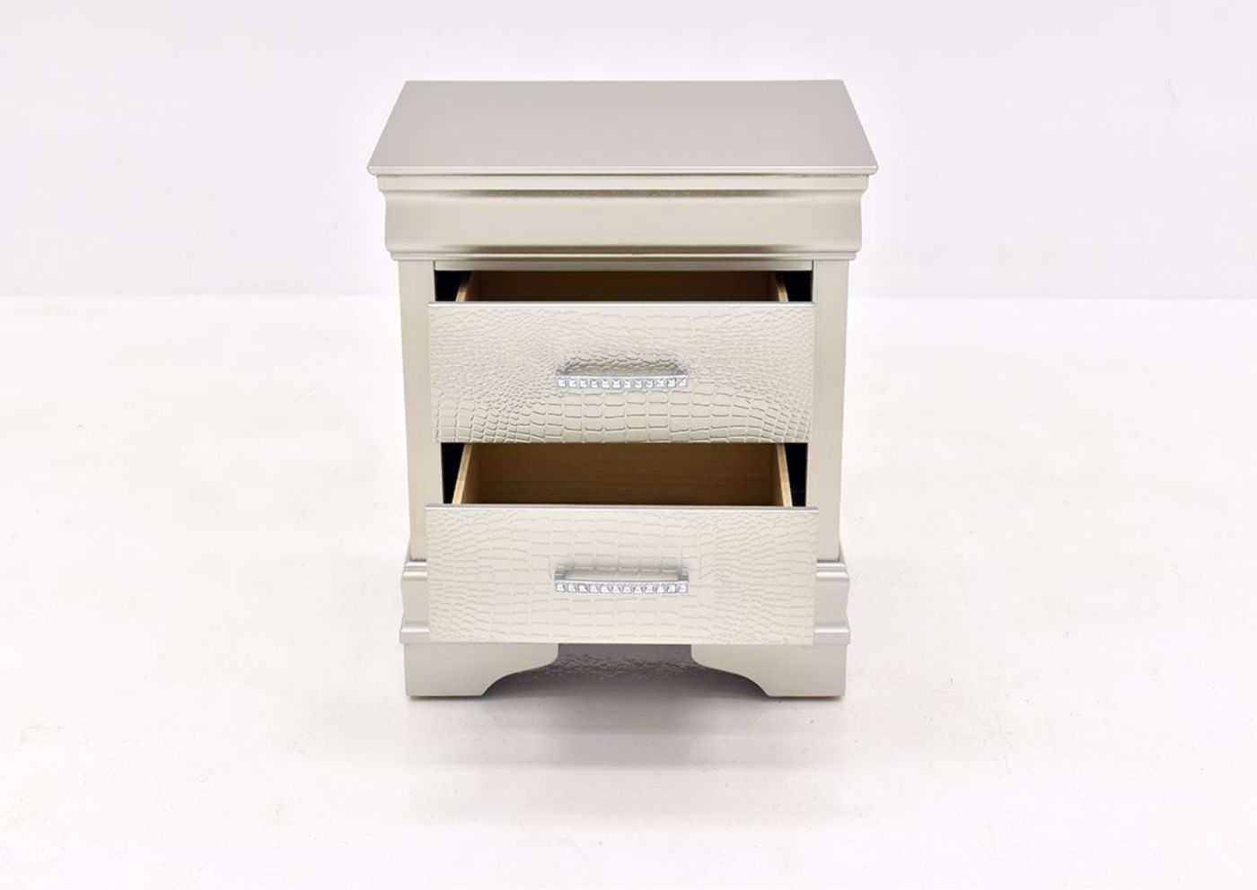 Silver Metallic Amalia Nightstand by Crown Mark Facing Front With the Drawers Open | Home Furniture Plus Mattress