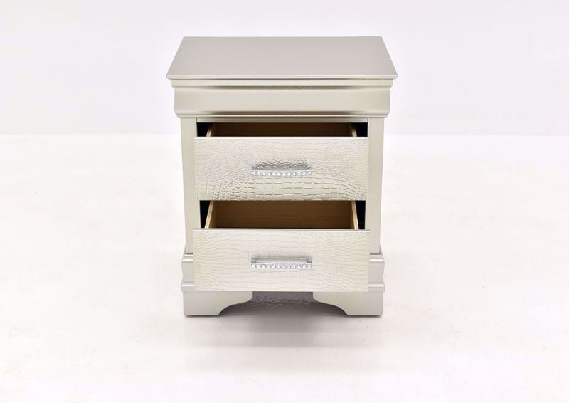 Silver Metallic Amalia Nightstand by Crown Mark Facing Front With the Drawers Open | Home Furniture Plus Mattress