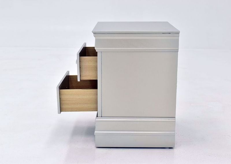 Silver Metallic Amalia Nightstand by Crown Mark Showing the Side View  With the Drawers Open | Home Furniture Plus Mattress