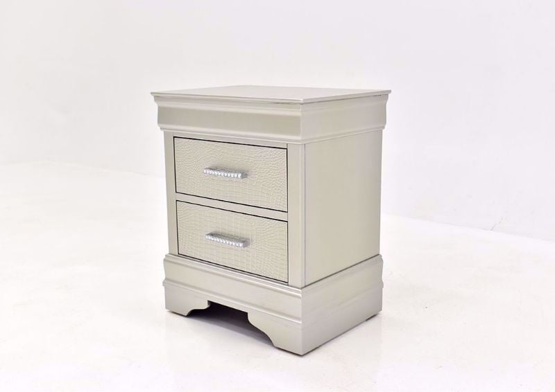 Silver Metallic Amalia Nightstand by Crown Mark Showing the Angle View | Home Furniture Plus Mattress