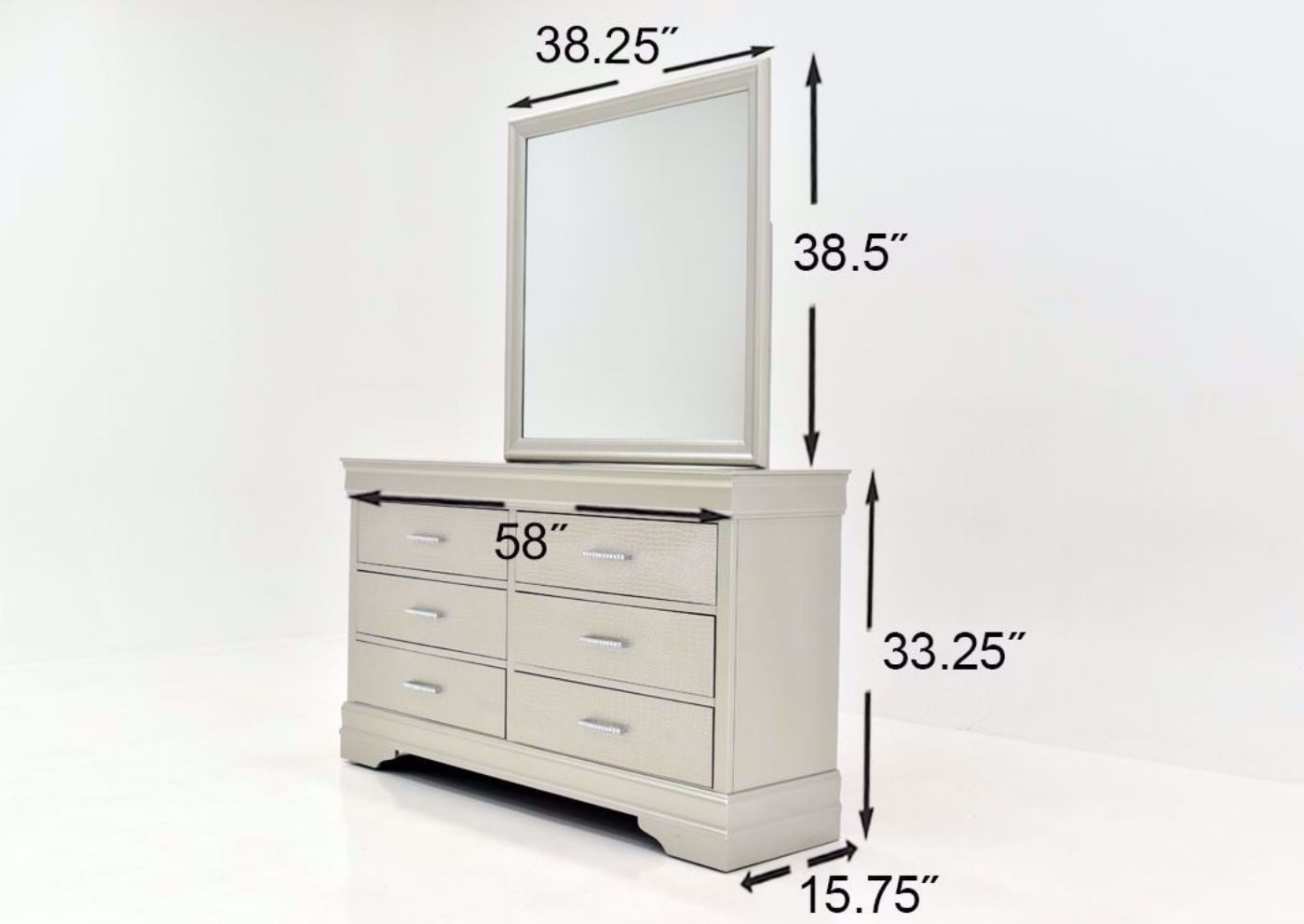 Silver Metallic Amalia Bedroom Set by Crown Mark Showing the Dresser and Mirror Dimensions | Home Furniture Plus Mattress