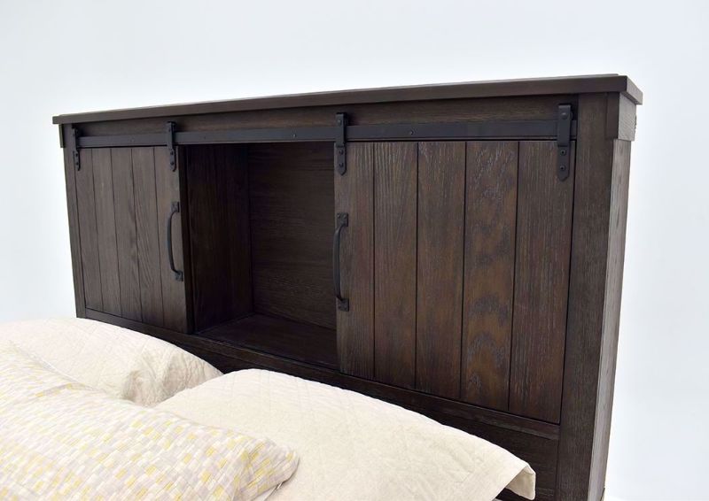 Dark Brown Scott Queen Size Storage Bed by Elements Showing the Headboard With the Doors Open | Home Furniture Plus Mattress