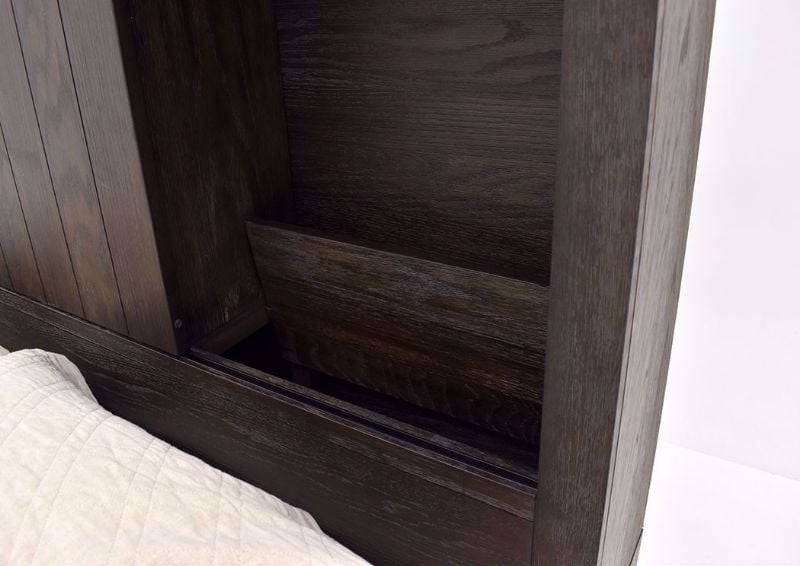 Dark Brown Scott Queen Size Storage Bed by Elements Showing the Headboard Showing the Hidden Storage Compartment | Home Furniture Plus Mattress