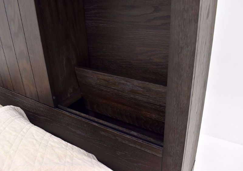 Dark Brown Scott King Size Storage Bed by Elements Showing the Headboard Hidden Storage Compartment | Home Furniture Plus Mattress