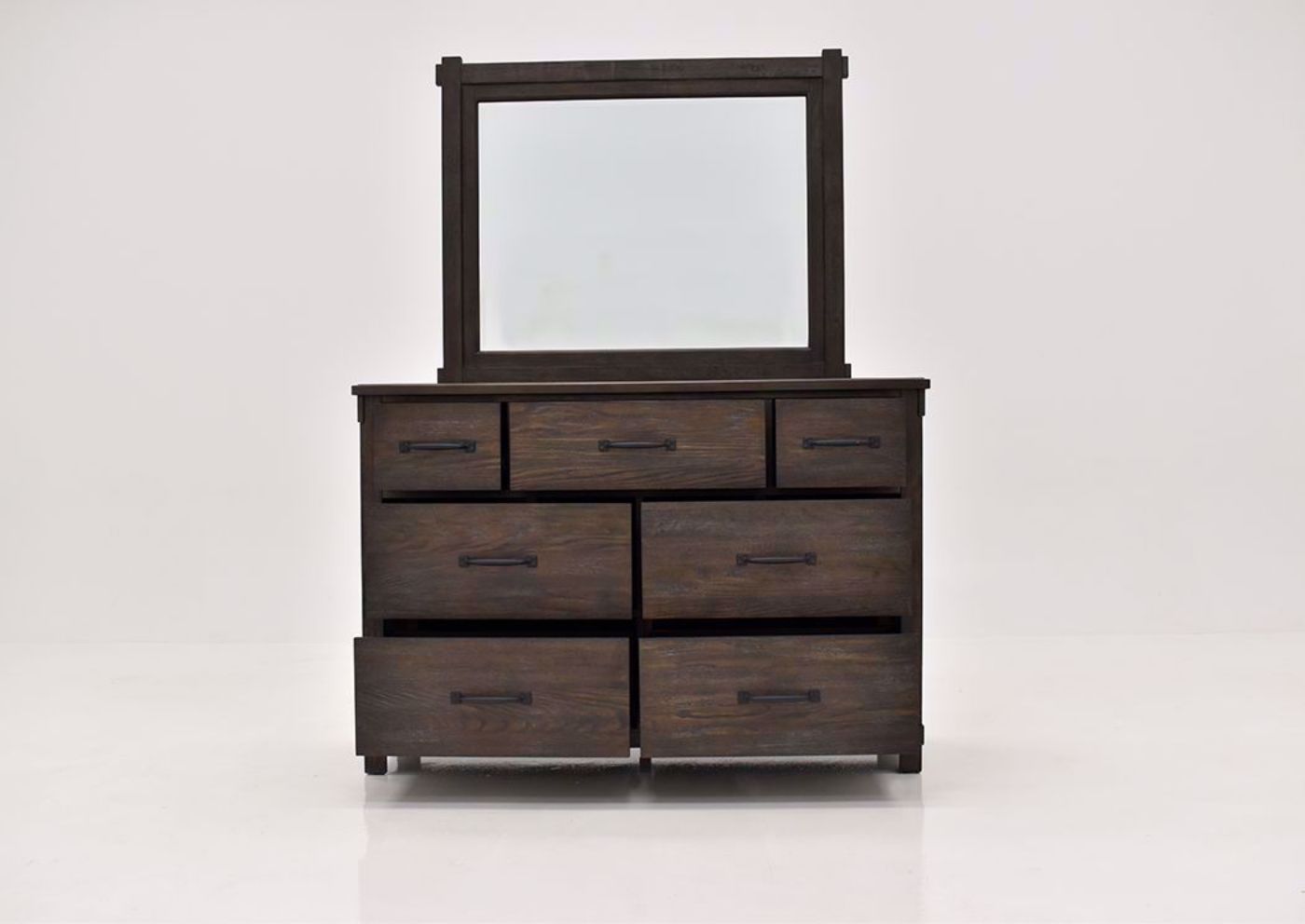 Dark Brown Scott Dresser with Mirror Facing Front With the Drawers Open | Home Furniture Plus Mattress