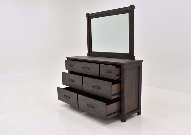 Dark Brown Scott Dresser with Mirror at an Angle With the Drawers Open | Home Furniture Plus Mattress