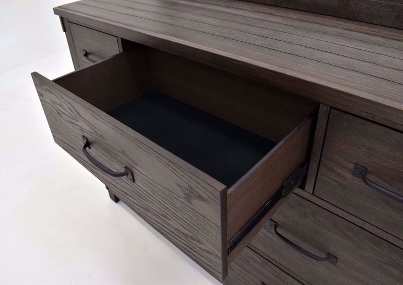 Dark Brown Scott Dresser with Mirror Showing the Felt Lined Top Drawer Interior | Home Furniture Plus Mattress