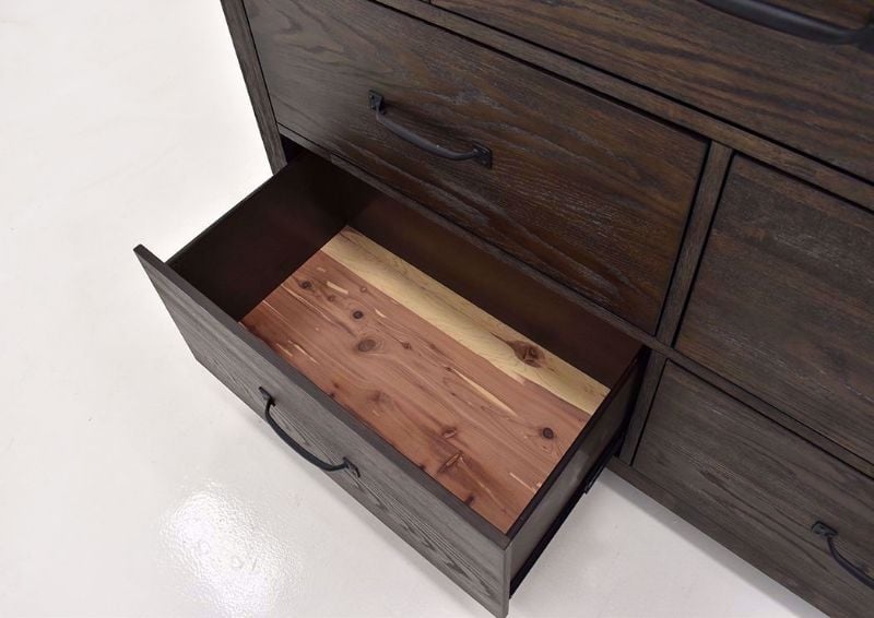 Dark Brown Scott Dresser with Mirror Showing the Cedar Lined Drawer Interior | Home Furniture Plus Mattress