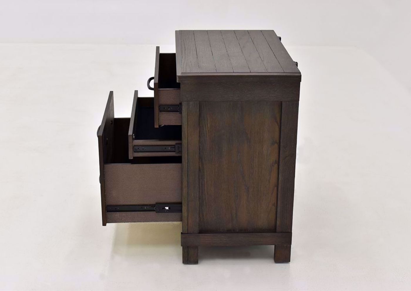 Dark Brown Scott Nightstand Showing the Side View With the Drawers Open | Home Furniture Plus Mattress