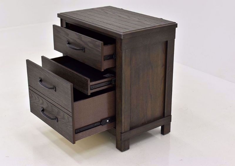 Dark Brown Scott Nightstand Showing the Angle View With the Drawers Open | Home Furniture Plus Mattress