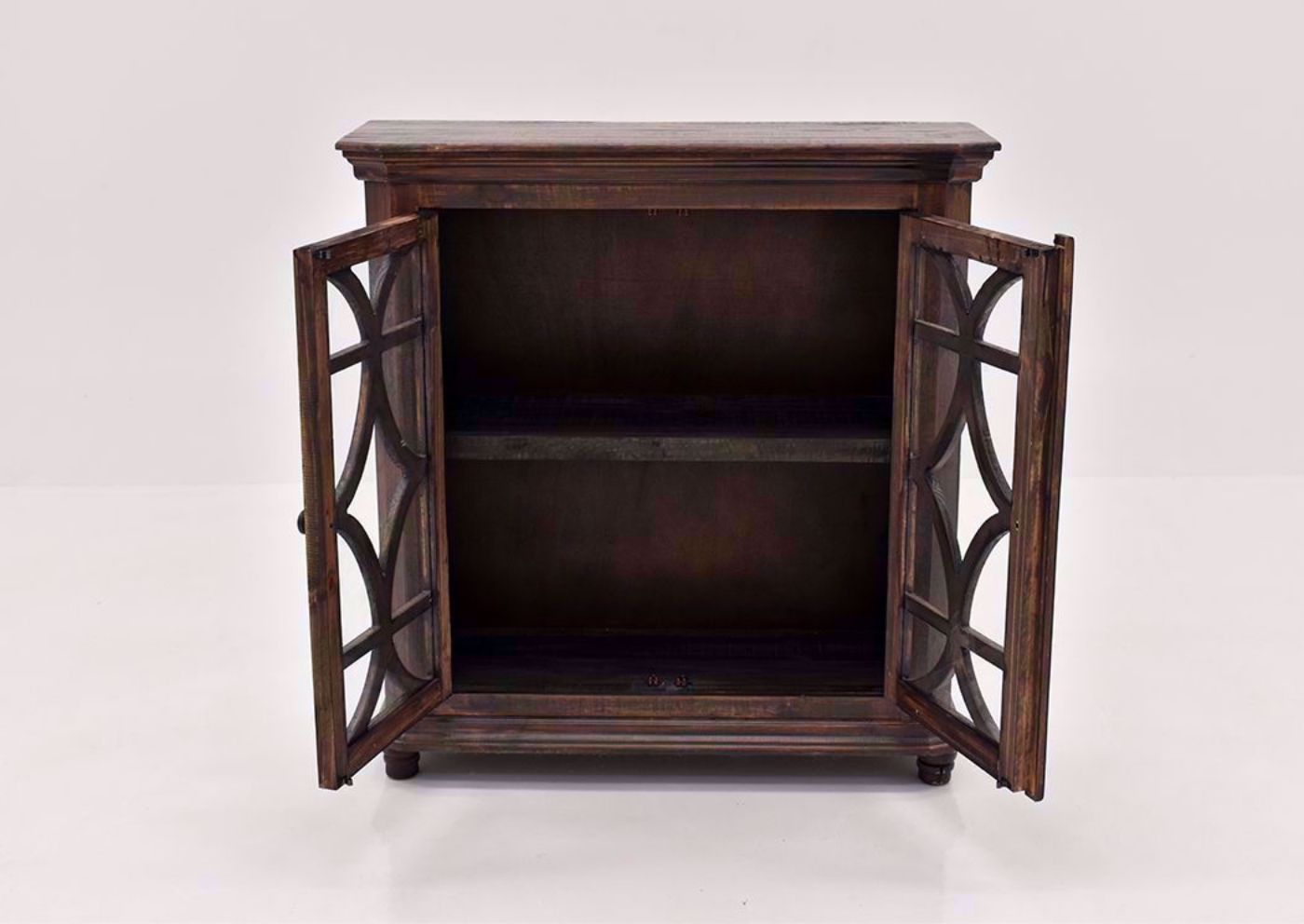 Rustic Brown Carmen 42" Console Cabinet by Rustic Imports Facing Front With the Doors Open | Home Furniture Plus Mattress