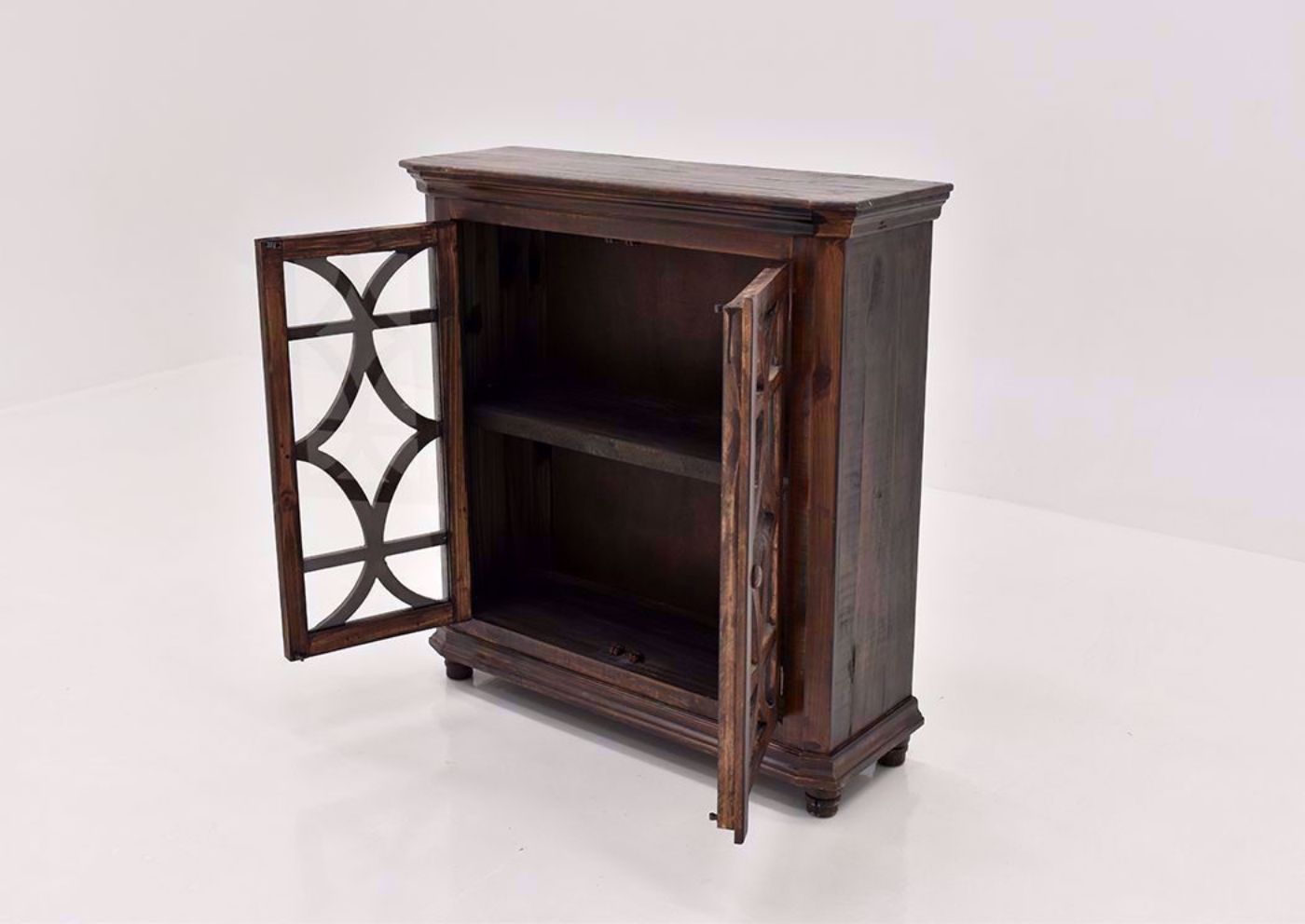 Rustic Brown Carmen 42" Console Cabinet by Rustic Imports at an Angle With the Doors Open | Home Furniture Plus Mattress
