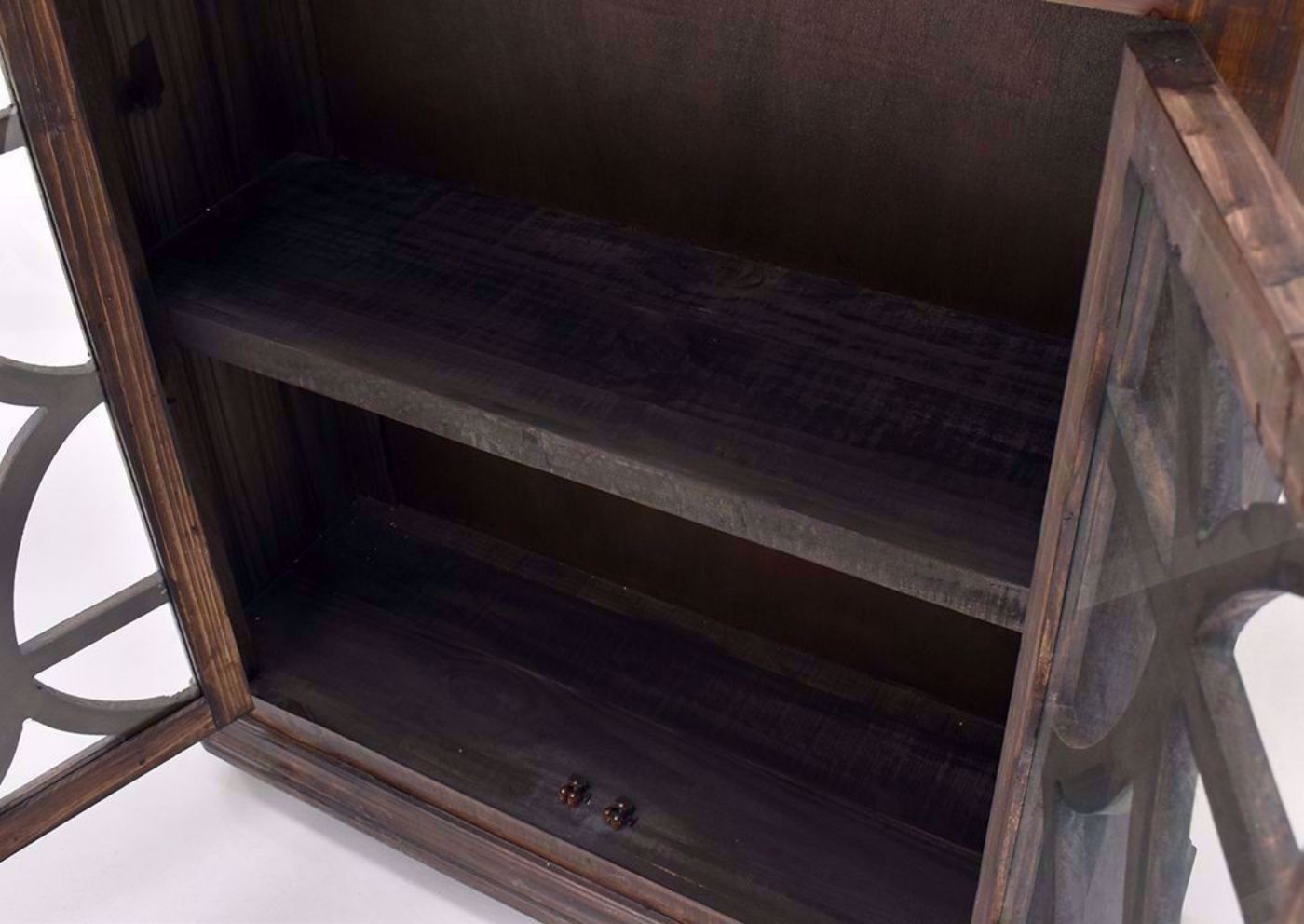 Rustic Brown Carmen 42" Console Cabinet by Rustic Imports Showing the Shelving | Home Furniture Plus Mattress